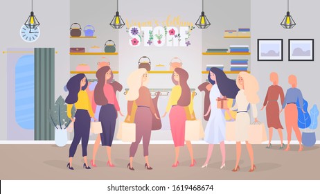 Women's clothing store vector. Girls with shopping. The concept of sales and discounts.