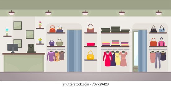 Women's clothing store with wide choose of dresses, handbags or jackets, shirts and pants. Vector illustration with female shop with no customers