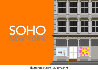 Frauenbekleidungsgeschäft mit Fenster: 40 % Verkauf. Gebäude mit gusseiserner Fassade typisch für den Soho Bezirk im Süden Manhattans, New York mit Feuer-Flucht. Platz für Text. EPS-Vektorgrafik.