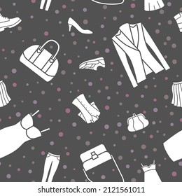 Women's clothing - Vector background (seamless pattern) of silhouettes dress, shoes, skirt, jeans, jacket and accessories for graphic design