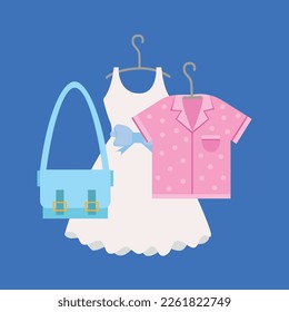 Women's clothing vector illustration in flat style. Clothes on hanger, handbag and dress