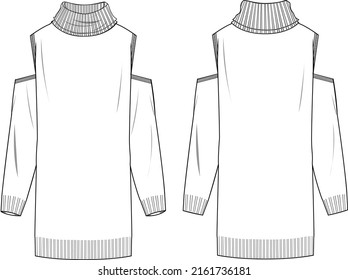 Women's Cold Shoulder Roll Neck Knit Dress. Dress technical fashion illustration. Flat apparel dress template front and back, white colour. Women's CAD mock-up.