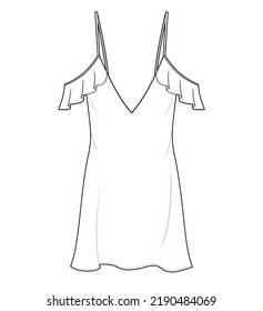 womens cold shoulder slip dress flat sketch vector illustration. cad mockup.