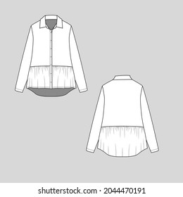 Womens Collar Full open button panel Ruffles Hem Long Sleeve T shirt top blouse Fashion flat sketch mock up  technical drawing template design vector