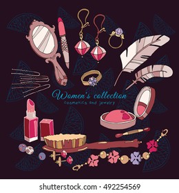 Women's collection female fashion accessories cosmetics and jewelery hand drawn vector 