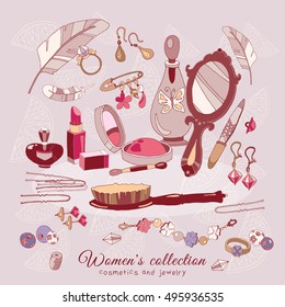 Women's collection make up cosmetics and jewelery female fashion accessories woman shopping hand drawn vector 