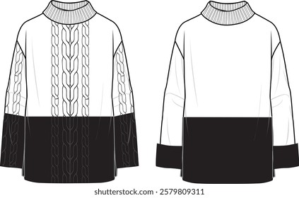 Women's Color Block High Neck Jumper. Technical fashion illustration. Front, white and black colour. Women's CAD mock-up.