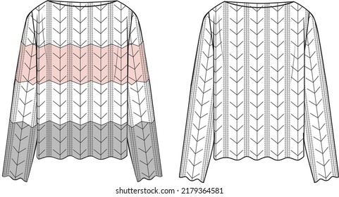 Women's Colour Block Crochet Jumper and Solid Crochet Jumper- Jumper technical fashion illustration. Flat apparel top template front, colored and white colour. Women's CAD mock-up.