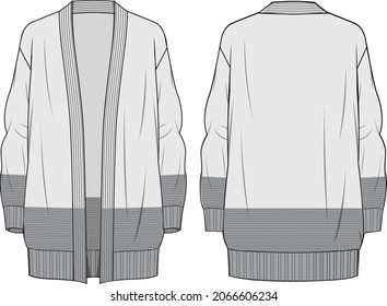 Women's Colour Block Hem Cardigan. Cardigan technical fashion illustration. Flat apparel cardigan template front and back, colored. Women's CAD mock-up.