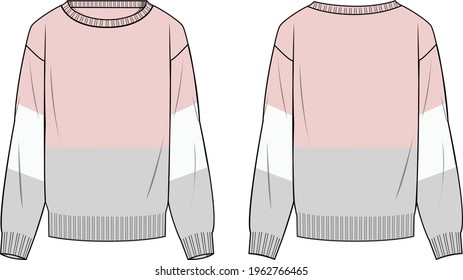 Women's Colour-block Sweater- Sweater technical fashion illustration. Flat apparel sweater template front and back, colored. Women's CAD mock-up.