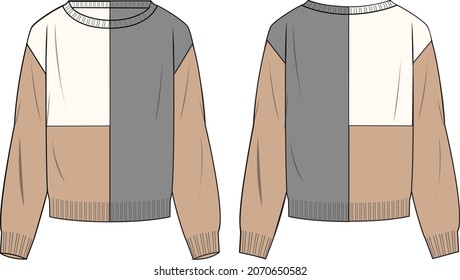 Women's Colour-block Sweater- Sweater technical fashion illustration. Flat apparel sweater template front and back, colored. Women's CAD mock-up.