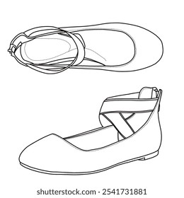 Women's Comfortable Fashion Elastic Ankle Straps Flats Shoes  Line art, Technical sketch hand drawing outline vector doodle illustration side and top view isolated on white background