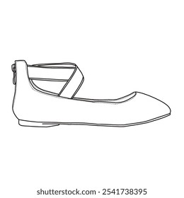 Women's Comfortable Fashion Elastic Ankle Straps Flats Shoes  Line art, Technical sketch hand drawing outline vector doodle illustration side view isolated on white background