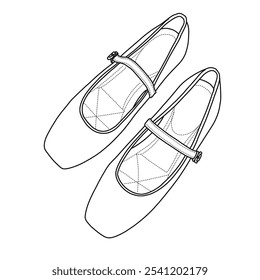 Deslizamiento cómodo del dedo del pie cuadrado de las mujeres en los zapatos planos Arte de línea, bosquejo técnico dibujando a mano contorno Vector doodle ilustración vista superior aislada sobre fondo blanco