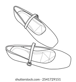 Women's Comfortable Square Toe Slip On Flats shoes Line art, Technical sketch hand drawing outline vector doodle illustration top isometric view isolated on white background