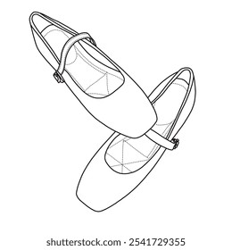 Deslizamiento cómodo del dedo del pie cuadrado de las mujeres en los zapatos planos Arte de línea, bosquejo técnico dibujando a mano contorno Vector doodle ilustración superior vista isométrica 3D aislada sobre fondo blanco