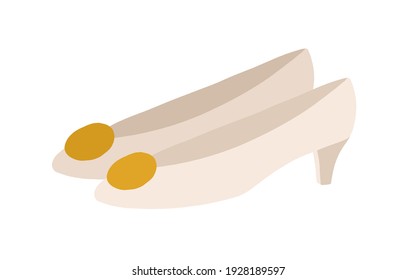 Women's cone-heeled shoes with cone heel. Fashion trendy footwear decorated with big golden brooch. Colored flat vector illustration of modern pair isolated on white background