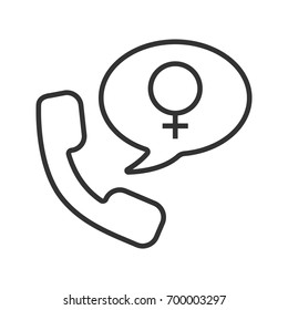 Women's consultation linear icon. Thin line illustration. Handset with women gender sign inside speech bubble. Contour symbol. Vector isolated outline drawing