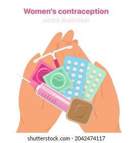 Women's contraception methods. Various methods for woman to protect herself from unwanted pregnancy. Different types of female contraception. Vector illustration.