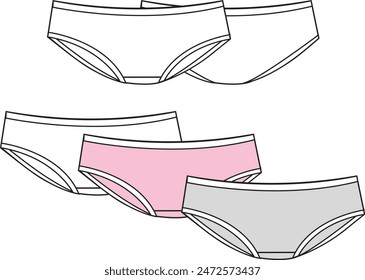 Women's Contrast Binding, Low Rise  Briefs. Technical fashion underwear illustration. Front and back, white, pink and grey color. Women's CAD mock-up.