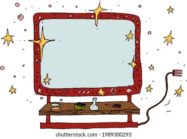 women's corner with a mirror, stars, cosmetics and a rosette.