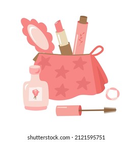 Women's cosmetic bag with lipstick, mascara, perfume, mirror. Isolated vector illustration. A clipart of items for self-care, makeup application.