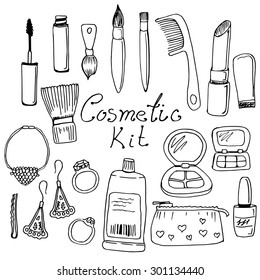 women's cosmetic kit. hand-drawn doodles set. black line art on white background