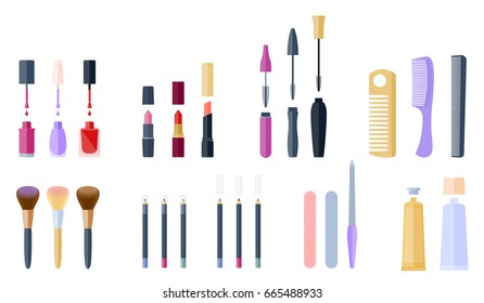 Women's cosmetic and makeup accessory set: lip pen, lipstick, eyeshadow, mascara brushes, nail polish, nailfile emery, eyeliners, combs and hairbrush. Flat vector objects isolated on white background.