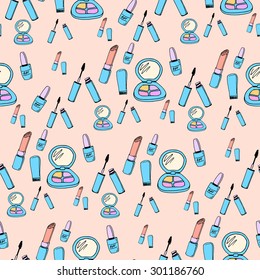 women's cosmetic seamless pattern. hand-drawn doodle colorful background