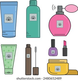 Women's cosmetic set. Hand and face cream, lipstick, perfume, nail polish, mascara and body lotion. Organic cosmetics. A set of vector colored cosmetic icons.