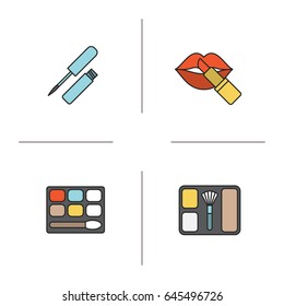 Women's cosmetics color icons set. Lip gloss, eye shadow, blusher, lipstick with lips. Isolated vector illustrations