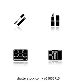Women's cosmetics drop shadow black glyph icons set. Mascara, eye shadow, blusher, lipstick. Isolated vector illustrations