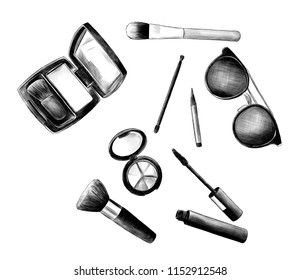 women's cosmetics makeup brushes blush eyeshadow mascara set, sketch vector graphics monochrome illustration on white background