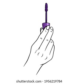 Women's cosmetics. Mascara in female hands. Face cosmetics. Cartoon style. Illustration for design and decoration.