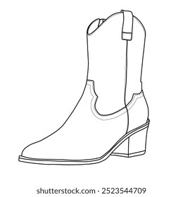 Women's Cowboy Boots with Zipper Pull-On Stitched Line art, Technical sketch hand drawing outline vector doodle illustration Side 3D Isometric view isolated on white background