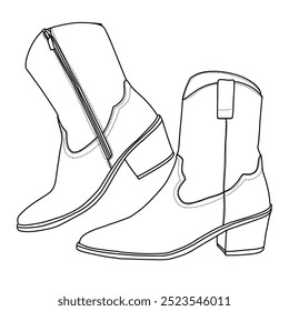 Women's Cowboy Boots with Zipper Pull-On Stitched Pairs Shoes Line art, Technical sketch hand drawing outline vector doodle illustration Side view isolated on white background