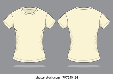 Women's Cream Short Sleeves T-Shirt Template Vector on Gray Background.Front and Back View.