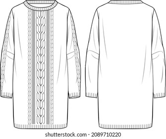 Women's Crew Neck Cable Tunic. Tunic technical fashion illustration. Flat apparel tunic template front and back, white colour. Women's CAD mock-up.