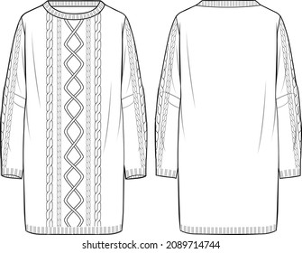 Women's Crew Neck Cable Tunic. Tunic technical fashion illustration. Flat apparel tunic template front and back, white colour. Women's CAD mock-up.