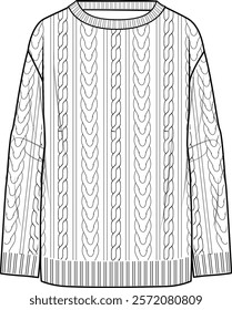 Women's Crew Neck Cable Tunic. Technical fashion illustration. Front, white color. Women's CAD mock-up.