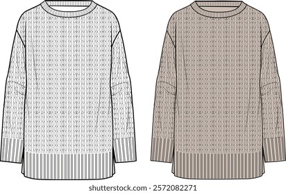 Women's Crew Neck Cable Tunic. Technical fashion illustration. Front, white and beige color. Women's CAD mock-up.