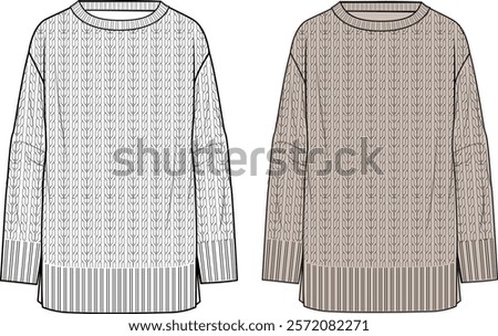 Women's Crew Neck Cable Tunic. Technical fashion illustration. Front, white and beige color. Women's CAD mock-up.