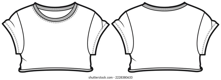 Women's  Crew neck Crop top T Shirt flat sketch fashion illustration drawing template mock up with front and back view, Short sleeve length Short t-shirt