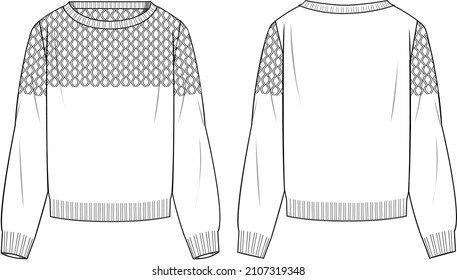 Women's Crew Neck, Half Cable Sweater- Sweater technical fashion illustration. Flat apparel sweater template front and back, white colour. Women's CAD mock-up.