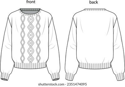 Frauenbesatzung Hals lang Ärmel Kabel Pullover-Sweater technische Mode Illustration. Flache Kleidungsschubvorlage vor und zurück, weiße Farbe. CAD-Modell der Frauen.