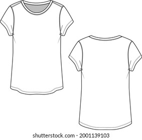 Womens Crew Neck short sleeve T-shirt technical flat sketch drawing vector 