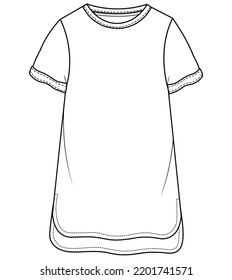 Womens Crew Neck Short Sleeve T Shirt Dress With High Low Hem Fashion Flat Sketch Vector Illustration. Cad Mockup.