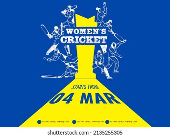 Women's Cricket Championship Concept With Different Poses Of Female Cricketer Players On Yellow And Blue Background.