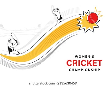 Women's Cricket Championship Concept With Doodle Style Female Batter Player, Bowler In Playing Pose And Trophy Cup On White Background.