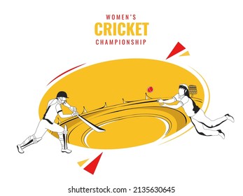 Women's Cricket Championship Concept With Doodle Style Female Batter Playing Hitting The Ball, Fielder In Catch Pose On Orange And White Playground.